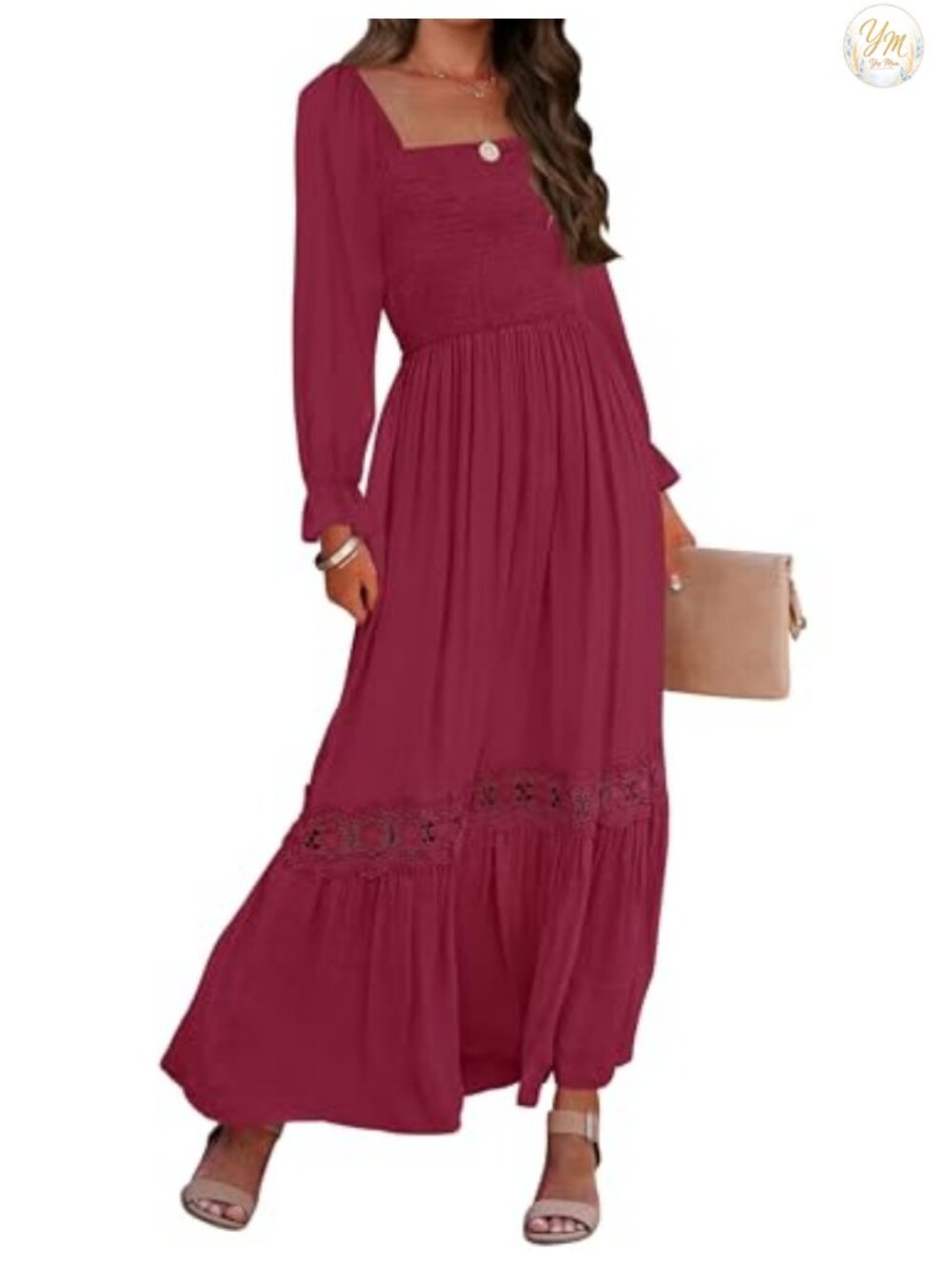 Boho Long Sleeve Maxi Dress Smocked Lace Trim Backless Flowy